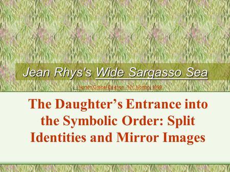 Jean Rhys's Wide Sargasso Sea The Daughter’s Entrance into the Symbolic Order: Split Identities and Mirror Images Norton Critical Ediction. NY: Norton,
