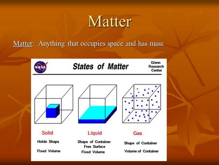 Matter Matter: Anything that occupies space and has mass.