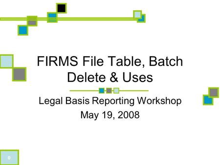 0 FIRMS File Table, Batch Delete & Uses Legal Basis Reporting Workshop May 19, 2008.