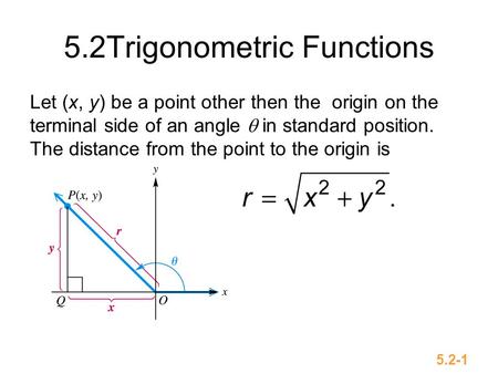 5.2-1 5.2Trigonometric Functions Let (x, y) be a point other then the origin on the terminal side of an angle  in standard position. The distance from.