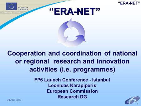 “ERA-NET” 24 April 2003 1 Cooperation and coordination of national or regional research and innovation activities (i.e. programmes) FP6 Launch Conference.