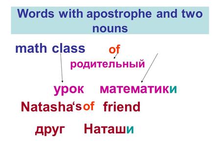 Words with apostrophe and two nouns mathclass of урокматематики родительный Natashafriend of‘s друг Наташи.