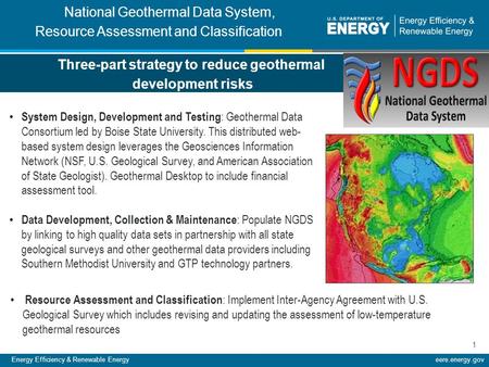 Energy Efficiency & Renewable Energyeere.energy.gov 1 Three-part strategy to reduce geothermal development risks System Design, Development and Testing.