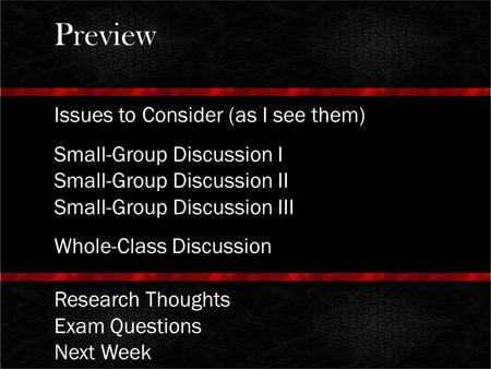 Preview Issues to Consider (as I see them) Small-Group Discussion I Small-Group Discussion II Small-Group Discussion III Whole-Class Discussion Research.