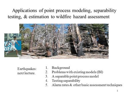 1 Applications of point process modeling, separability testing, & estimation to wildfire hazard assessment 1.Background 2.Problems with existing models.