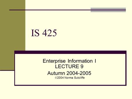 IS 425 Enterprise Information I LECTURE 9 Autumn 2004-2005  2004 Norma Sutcliffe.