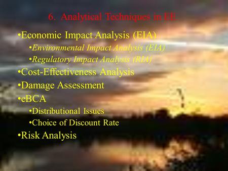 6. Analytical Techniques in EE Economic Impact Analysis (EIA) Environmental Impact Analysis (EIA) Regulatory Impact Analysis (RIA) Cost-Effectiveness Analysis.