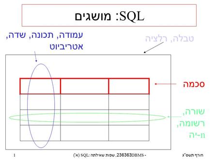 חורף תשס  ג DBMS - 236363, שפות שאילתה : SQL ( א ') 1 סכמה SQL: מושגים טבלה, רלציה שורה, רשומה, n- יה עמודה, תכונה, שדה, אטריביוט.
