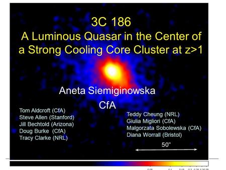3C 186 A Luminous Quasar in the Center of a Strong Cooling Core Cluster at z>1 Aneta Siemiginowska CfA Tom Aldcroft (CfA) Steve Allen (Stanford) Jill Bechtold.