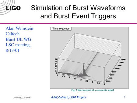 LIGO- G010326-00-R AJW, Caltech, LIGO Project1 Simulation of Burst Waveforms and Burst Event Triggers Alan Weinstein Caltech Burst UL WG LSC meeting, 8/13/01.