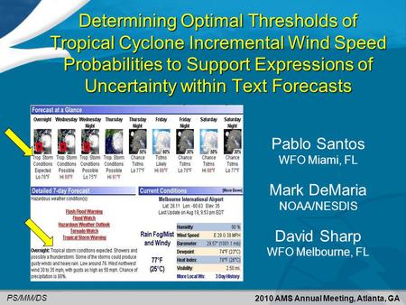 Pablo Santos WFO Miami, FL Mark DeMaria NOAA/NESDIS David Sharp WFO Melbourne, FL 2010 AMS Annual Meeting, Atlanta, GA PS/MM/DS Determining Optimal Thresholds.