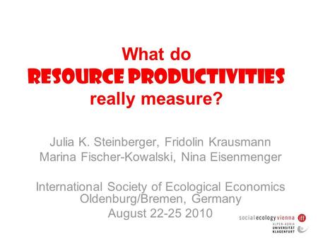 What do resource productivities really measure? Julia K. Steinberger, Fridolin Krausmann Marina Fischer-Kowalski, Nina Eisenmenger International Society.