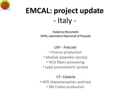 EMCAL: project update - Italy - LNF - Frascati Fixture production Module assembly (proto) WLS fibers processing Lead procurement (proto) CT- Catania APD.