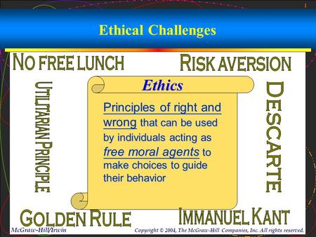 1 McGraw-Hill/Irwin Copyright © 2004, The McGraw-Hill Companies, Inc. All rights reserved. Ethical Challenges Ethics Principles of right and wrong that.
