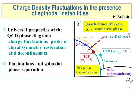 1 Charge Density Fluctuations in the presence of spinodal instabilities Quark-Gluon Plasma - symmetric phase color superconductor Universal properties.