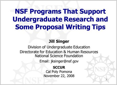 1 Jill Singer Division of Undergraduate Education Directorate for Education & Human Resources National Science Foundation   SCCUR.