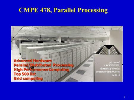 1 Advanced Hardware Parallel/Distributed Processing High Performance Computing Top 500 list Grid computing CMPE 478, Parallel Processing picture of ASCI.