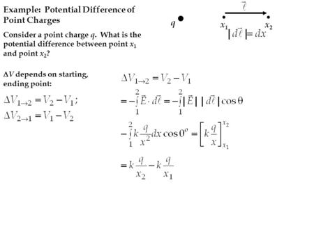 Example: Potential Difference of Point Charges Consider a point charge q. What is the potential difference between point x 1 and point x 2 ? q x2x2 x1x1.