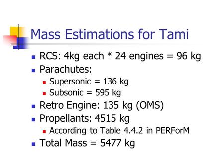 Mass Estimations for Tami RCS: 4kg each * 24 engines = 96 kg Parachutes: Supersonic = 136 kg Subsonic = 595 kg Retro Engine: 135 kg (OMS) Propellants: