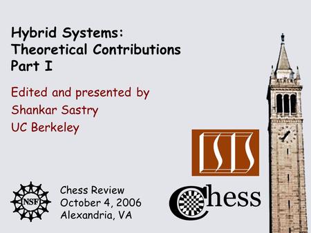 Chess Review October 4, 2006 Alexandria, VA Edited and presented by Hybrid Systems: Theoretical Contributions Part I Shankar Sastry UC Berkeley.