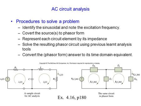 AC circuit analysis Procedures to solve a problem –Identify the sinusoidal and note the excitation frequency. –Covert the source(s) to phasor form –Represent.