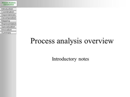 Process analysis overview Introductory notes Process Analysis Introduction Coordination Dependencies Decomposition Mapping Representation Specialization.