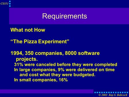CS351 © 2003 Ray S. Babcock Requirements What not How “The Pizza Experiment” 1994, 350 companies, 8000 software projects. 31% were canceled before they.