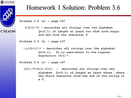 ANN.1 CSE4100 Homework 1 Solution: Problem 3.6. ANN.2 CSE4100 Homework 1 Solution – Problem 1 1a: Accepts either one “a” or zero or more “b”s followed.