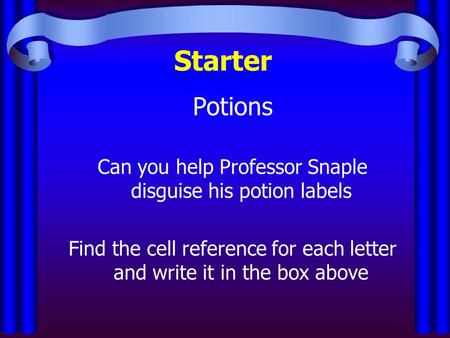 Starter Potions Can you help Professor Snaple disguise his potion labels Find the cell reference for each letter and write it in the box above.