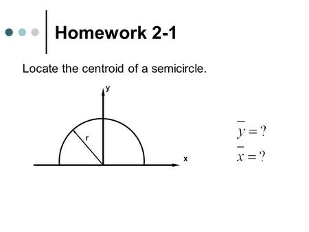 Homework 2-1 Locate the centroid of a semicircle. r y x.