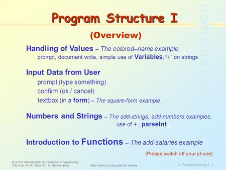 (CS1301) Introduction to Computer Programming City Univ of HK / Dept of CS / Helena Wong 2. Program Structure I - 1