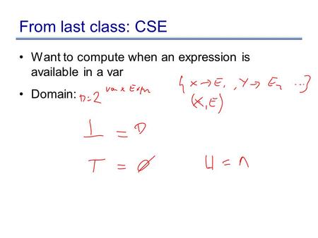 From last class: CSE Want to compute when an expression is available in a var Domain: