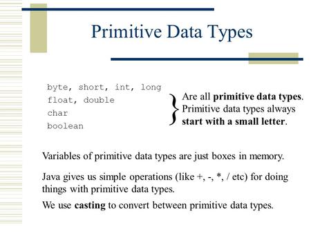 Primitive Data Types byte, short, int, long float, double char boolean Are all primitive data types. Primitive data types always start with a small letter.