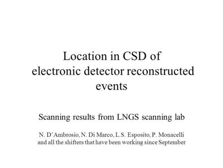 Location in CSD of electronic detector reconstructed events Scanning results from LNGS scanning lab N. D’Ambrosio, N. Di Marco, L.S. Esposito, P. Monacelli.