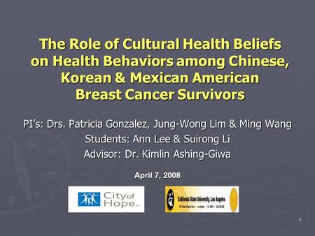 The Role of Cultural Health Beliefs on Health Behaviors among Chinese, Korean & Mexican American Breast Cancer Survivors PI’s: Drs. Patricia Gonzalez,