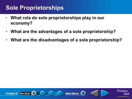 Sole Proprietorships What role do sole proprietorships play in our economy? What are the advantages of a sole proprietorship? What are the disadvantages.