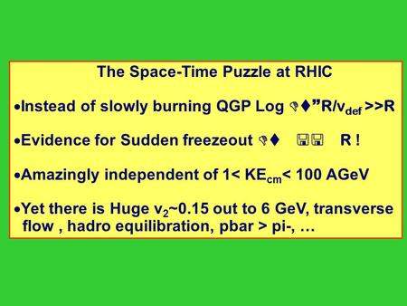 1/6/02Gyulassy-1 The Space-Time Puzzle at RHIC  Instead of slowly burning QGP Log Dt~ R/v def >>R  Evidence for Sudden freezeout Dt 