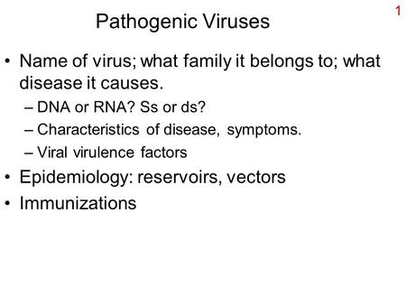 1 Pathogenic Viruses Name of virus; what family it belongs to; what disease it causes. –DNA or RNA? Ss or ds? –Characteristics of disease, symptoms. –Viral.