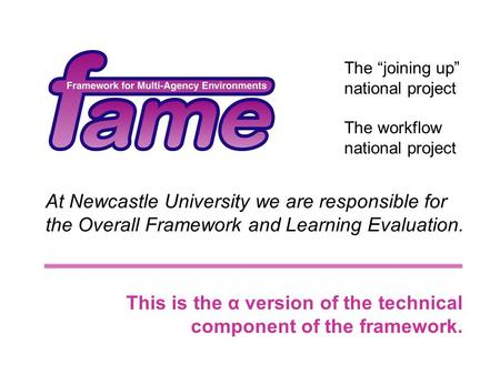 The “joining up” national project The workflow national project At Newcastle University we are responsible for the Overall Framework and Learning Evaluation.