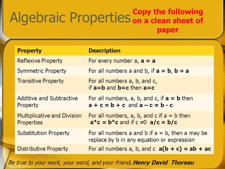 Algebraic Properties Copy the following on a clean sheet of paper PropertyDescription Reflexive PropertyFor every number a, a = a Symmetric PropertyFor.