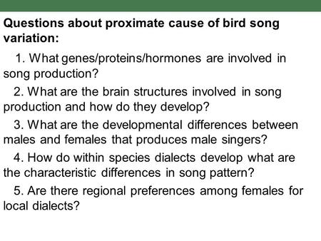 1. What genes/proteins/hormones are involved in song production?