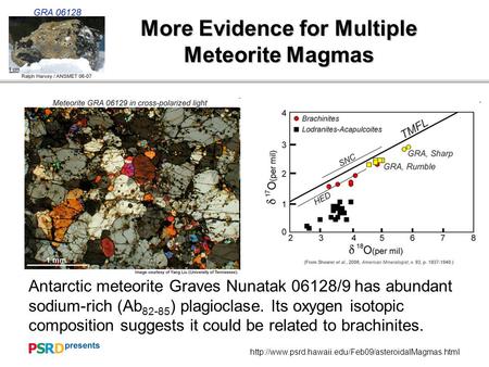 More Evidence for Multiple Meteorite Magmas Antarctic meteorite Graves Nunatak 06128/9 has abundant.