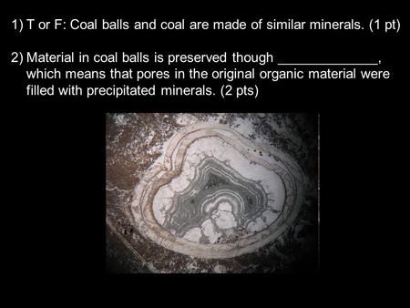 1)T or F: Coal balls and coal are made of similar minerals. (1 pt) 2)Material in coal balls is preserved though _____________, which means that pores in.