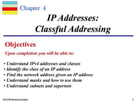 TCP/IP Protocol Suite 1 Chapter 4 Objectives Upon completion you will be able to: IP Addresses: Classful Addressing Understand IPv4 addresses and classes.