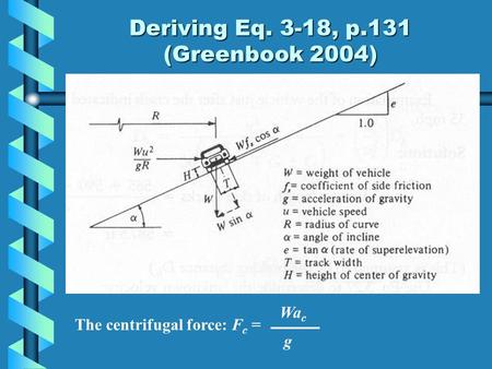 Deriving Eq. 3-18, p.131 (Greenbook 2004) The centrifugal force: F c = Wa c g.