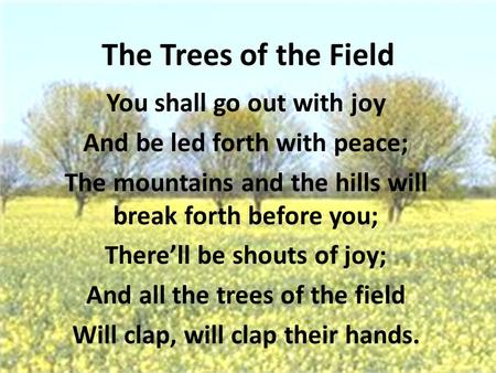 You shall go out with joy And be led forth with peace; The mountains and the hills will break forth before you; There’ll be shouts of joy; And all the.