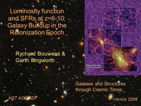N HST ACS UDF Rychard Bouwens & Garth Illingworth Galaxies and Structures through Cosmic Times Luminosity function and SFRs at z=6-10: Galaxy Buildup in.