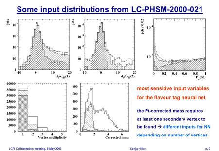 LCFI Collaboration meeting, 8 May 2007Sonja Hillert p. 0 Some input distributions from LC-PHSM-2000-021 most sensitive input variables for the flavour.