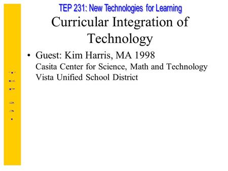 Curricular Integration of Technology Guest: Kim Harris, MA 1998 Casita Center for Science, Math and Technology Vista Unified School District.