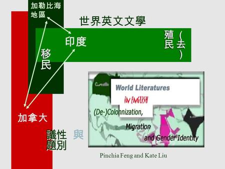 世界英文文學 印度 加勒比海 地區 加拿大 Pinchia Feng and Kate Liu. What are World Literatures in English? n Two kinds of misunderstanding a/ English literature and World.